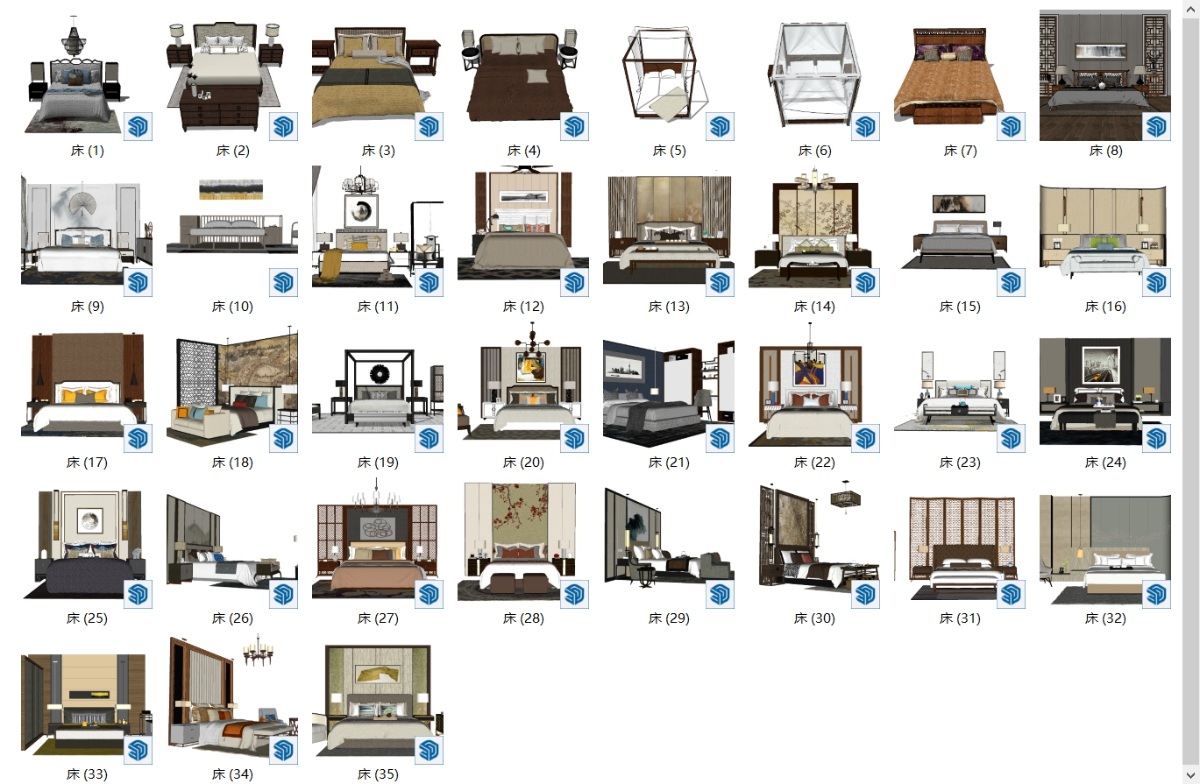 SketchUp室内新中式模型-床具su模型草图大师模型免费下载202401220