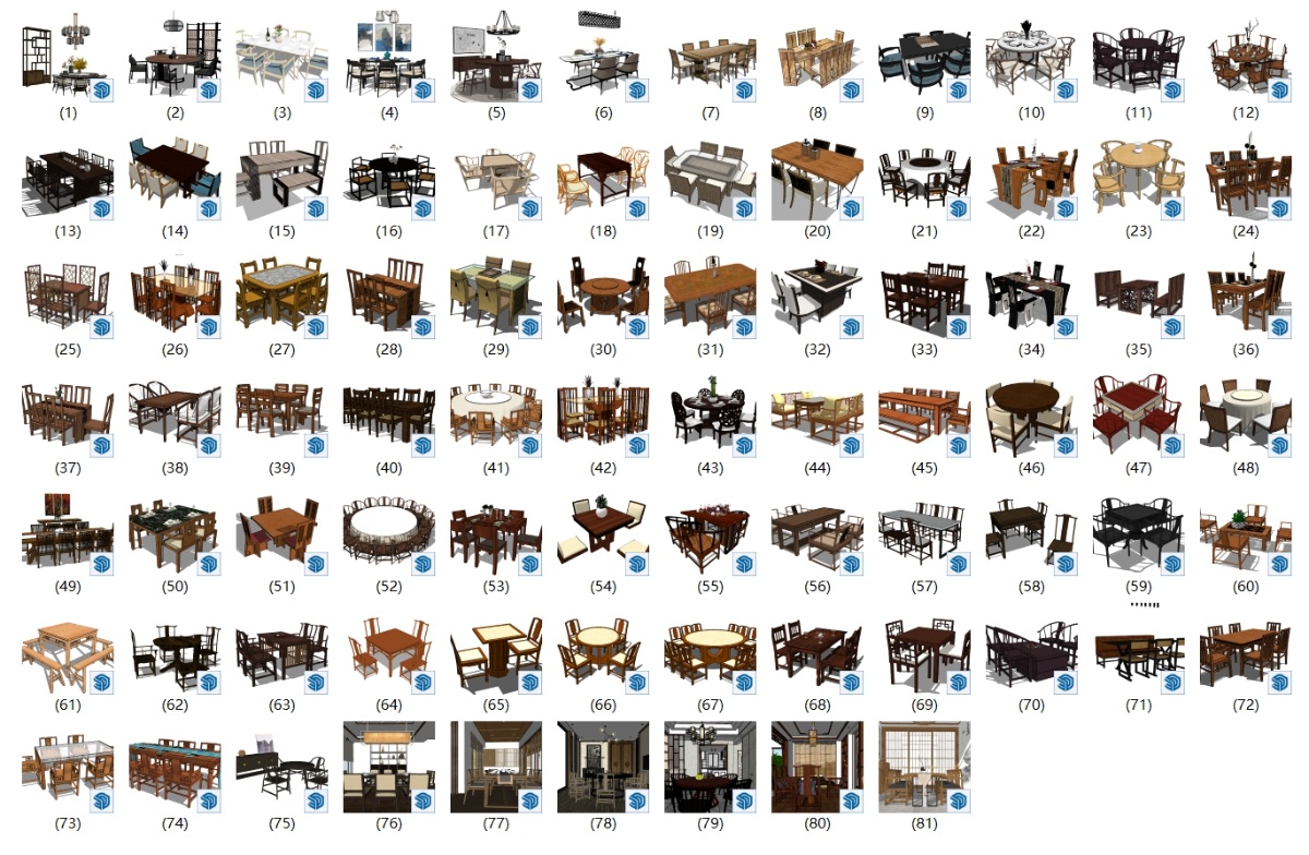 SketchUp室内新中式模型-新中式餐桌组合su模型草图大师模型免费下载202401224