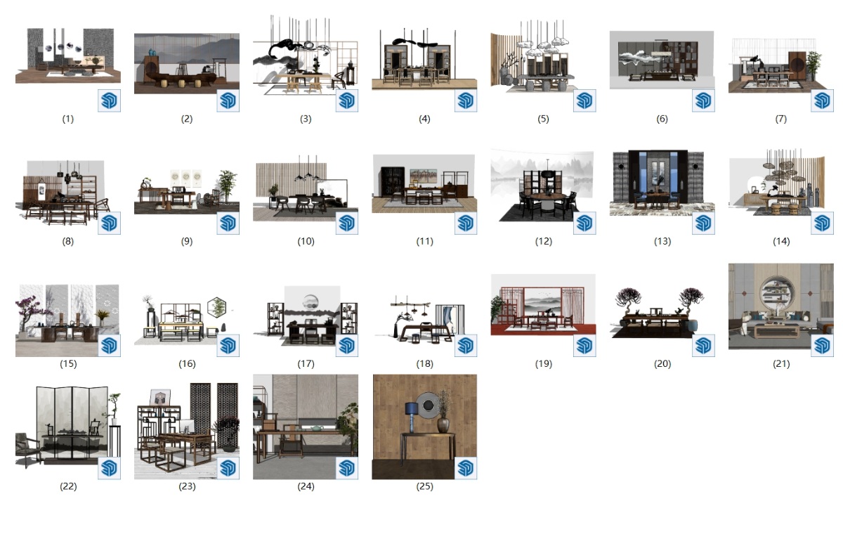 SketchUp室内新中式模型-桌椅套装su模型草图大师模型免费下载202401216